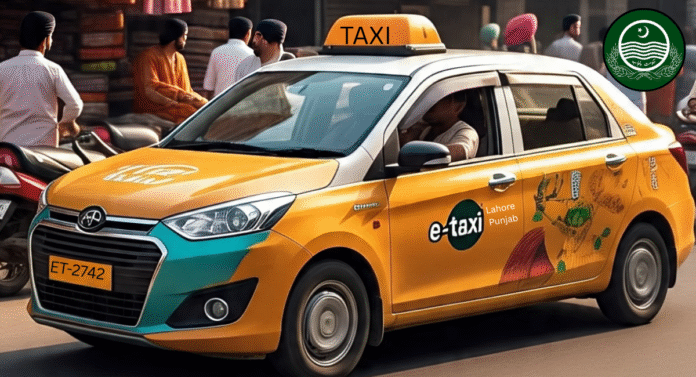 An orange and teal e-taxi with the logo 