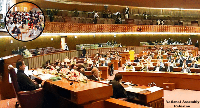 A session in the National Assembly of Pakistan, with members seated and engaged in discussion, surrounded by an elegant interior.