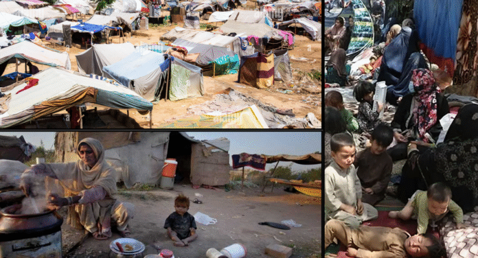 A collage depicting informal shelters in a camp, women cooking, and children sitting on the ground among makeshift tents.