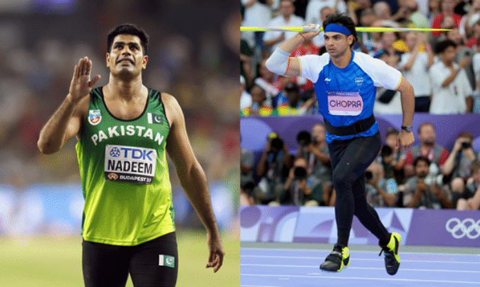 Two athletes in action: one in a green Pakistan jersey and another in blue India attire, both preparing for a javelin throw.
