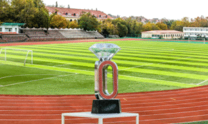 A diamond-shaped trophy stands on a podium in front of a well-maintained stadium seating under a clear sky. A diamond-shaped trophy stands on a podium in front of a well-maintained stadium seating under a clear sky.