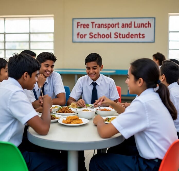 A group of students in school uniforms sit around a table eating lunch.