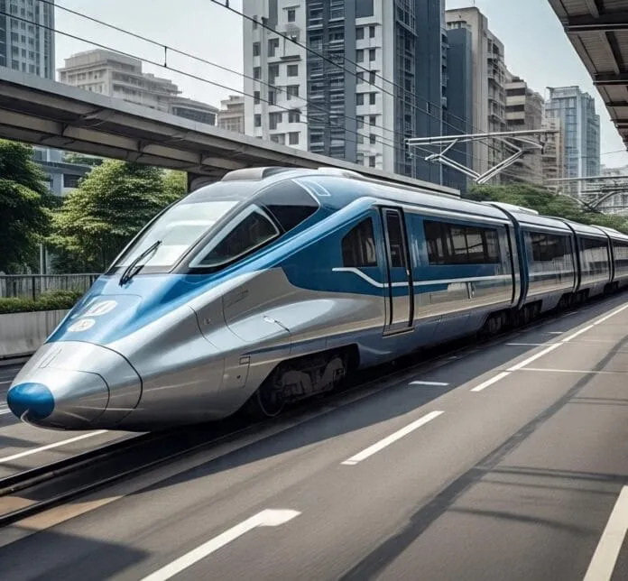 Lahore Trackless Metro Train Trial Officially Kicks Off in 2025 A sleek, modern blue and silver train on tracks, surrounded by tall buildings and greenery in an urban setting.