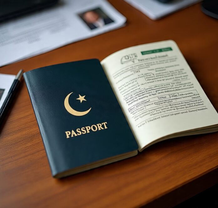 A Pakistan passport lies open on a wooden table, revealing handwritten notes on the right page, alongside a pen and documents.