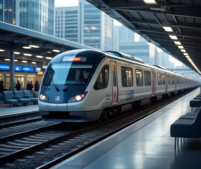A sleek urban train arriving at a modern station, surrounded by tall buildings and empty seating on a polished platform.