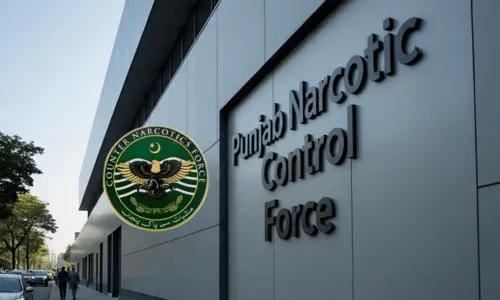 Building exterior of the Punjab Narcotic Control Force, featuring their logo and official name prominently displayed.