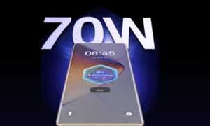 A smartphone displaying "70W" with a futuristic interface, emphasizing fast charging capabilities, against a dark, dynamic background. A smartphone displaying "70W" with a futuristic interface, emphasizing fast charging capabilities, against a dark, dynamic background.