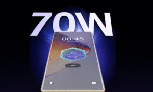 A smartphone displaying "70W" with a futuristic interface, emphasizing fast charging capabilities, against a dark, dynamic background.