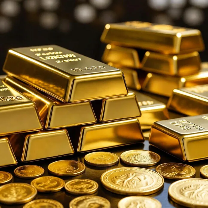 Best Time to Buy Gold in Pakistan 2025 Stacked gold bars and shiny coins on a dark surface, showcasing wealth and luxury in a vibrant, glimmering display.