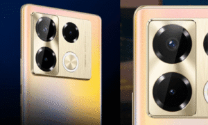 Close-up of a sleek smartphone back showcasing a unique camera module with four lenses, set against a gradient gold background. Close-up of a sleek smartphone back showcasing a unique camera module with four lenses, set against a gradient gold background.