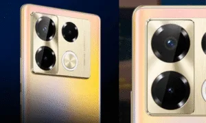 Close-up of a sleek smartphone back showcasing a unique camera module with four lenses, set against a gradient gold background.