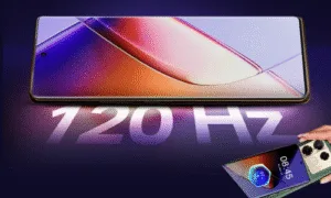 A sleek Infinix Note 40 pro displaying a vibrant screen with "120 Hz" prominently featured, highlighting its high refresh rate performance.