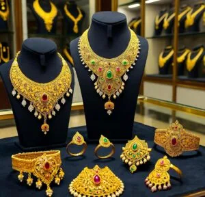 A display of intricate gold jewelry featuring necklaces, bracelets, and rings adorned with colorful stones and elegant designs. A display of intricate gold jewelry featuring necklaces, bracelets, and rings adorned with colorful stones and elegant designs.
