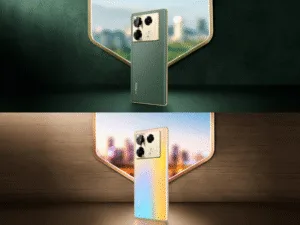 Two stylish Infinix Note 40 Pro displayed side by side: one in green with gold accents, the other in gradient colors, showcasing their modern design.