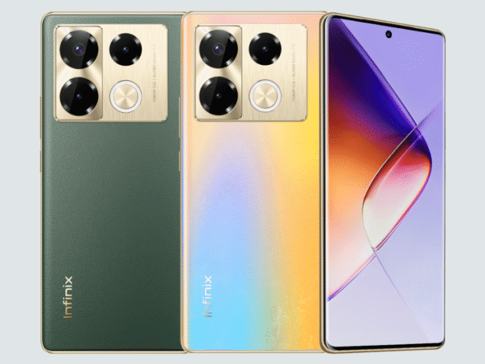 Infinix Note 40 Pro Price in Pakistan and Specifications Two Infinix smartphones side by side: one in deep green leather with gold accents, the other in a gradient of gold to blue.