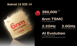 A promotional graphic highlights a MediaTek Helio G99 Ultimate chip with 6nm TSMC process, 2.2GHz and 2.0GHz cores, AI Evolution, and a 390,000 AnTuTu score, running Android 14 XOS 14. A promotional graphic highlights a MediaTek Helio G99 Ultimate chip with 6nm TSMC process, 2.2GHz and 2.0GHz cores, AI Evolution, and a 390,000 AnTuTu score, running Android 14 XOS 14.