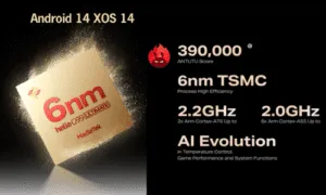 A promotional graphic highlights a MediaTek Helio G99 Ultimate chip with 6nm TSMC process, 2.2GHz and 2.0GHz cores, AI Evolution, and a 390,000 AnTuTu score, running Android 14 XOS 14.