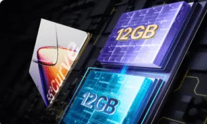 A sleek, curved display alongside three stacked memory modules, all highlighting "12GB" on a digital circuit background.