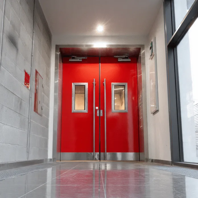 Bright red double doors with glass windows, flanked by gray concrete walls, in a modern corridor. Reflective tiled floor below. Certified Fire Door Manufacturers in Pakistan