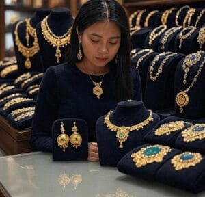 A collection of intricate gold jewelry featuring necklaces, earrings, and pendants displayed on dark velvet stands. A collection of intricate gold jewelry featuring necklaces, earrings, and pendants displayed on dark velvet stands.