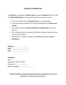 FIA Affidavit Work Visa Format