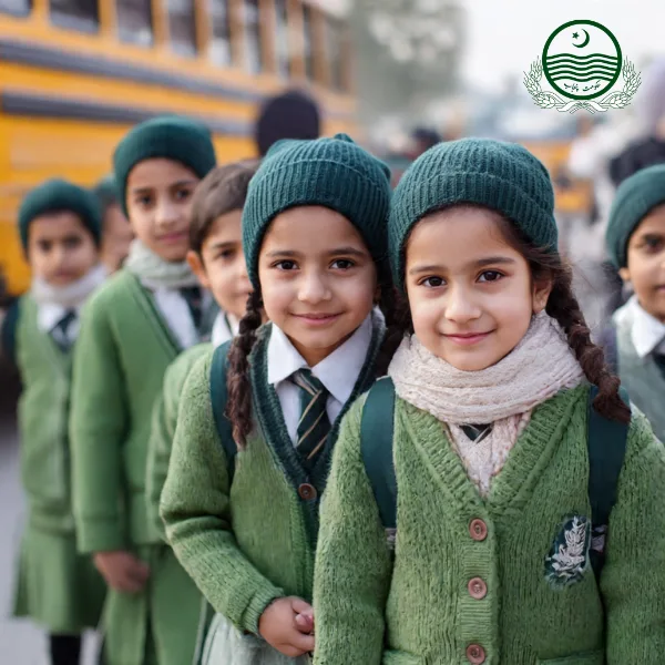 A group of schoolchildren in green uniforms and knitted hats stand in line near a yellow school bus. Punjab Schools Winter Vacations.