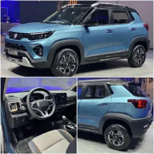 Suzuki Fronx Pakistan First XUV - Price, Specs and Full Review 1 A blue Suzuki compact SUV displayed at an auto show, showcasing its sleek exterior and modern interior features. Suzuki Frons Launch overview