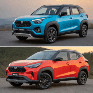 Side-by-side comparison of the Suzuki Fronx in blue and the Toyota Raize in red, showcasing modern SUV designs against a scenic backdrop. Suzuki Fronx vs Toyota Raize
