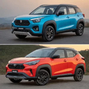 Suzuki Fronx Pakistan First XUV - Price, Specs and Full Review 3 Side-by-side comparison of the Suzuki Fronx in blue and the Toyota Raize in red, showcasing modern SUV designs against a scenic backdrop. Suzuki Fronx vs Toyota Raize