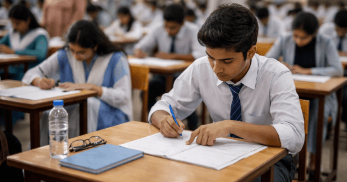 Students diligently taking an exam in a classroom setting, with notes and stationery on their desks.
