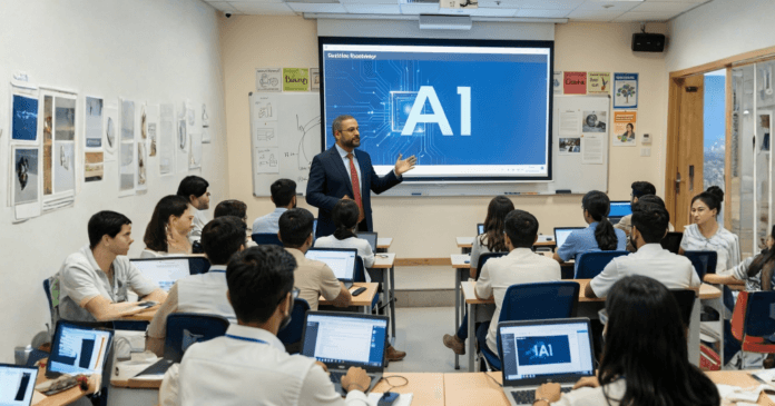 A classroom scene with students seated at desks, engaged in a presentation about AI, featuring a large screen displaying 