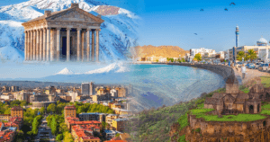 Collage showcasing diverse landscapes: snowy mountains, vibrant cityscapes, coastal views, and historical architecture.