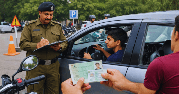 A traffic officer checks documentation from a driver in a car, while another person holds an ID, surrounded by parked motorcycles.