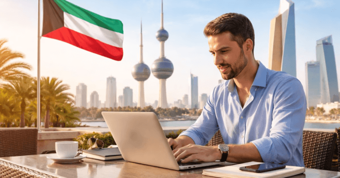A person works on a laptop outdoors with a view of a city skyline and a waving Kuwaiti flag in the background.
