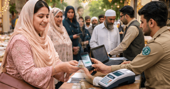 A woman in a light-colored outfit hands cash to a vendor while showing a smartphone, surrounded by a line of customers at a market.