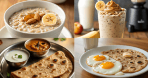 A collage of breakfast dishes: oatmeal topped with banana and almonds, a banana smoothie, Indian curry with yogurt, and eggs with flatbread.