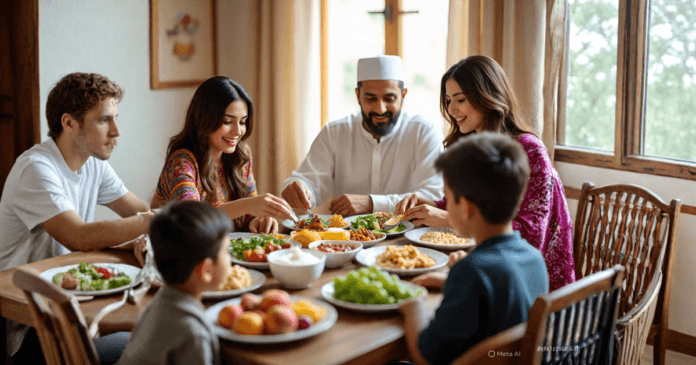 A family gathers around a table filled with colorful dishes, enjoying a meal in a cozy, warmly lit dining room.