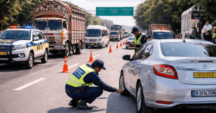 Police officers conduct a vehicle inspection on a busy road, with traffic cones and vehicles visible in the background.