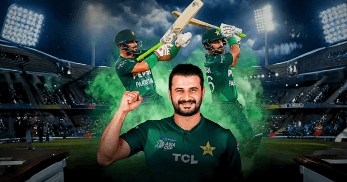 A cricket player in a Pakistan jersey celebrates with a raised fist, surrounded by dynamic action shots of teammates with bats.