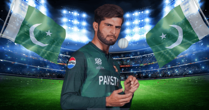 A cricketer in a green Pakistan jersey holds a cricket ball, surrounded by Pakistani flags and stadium lights in the background.