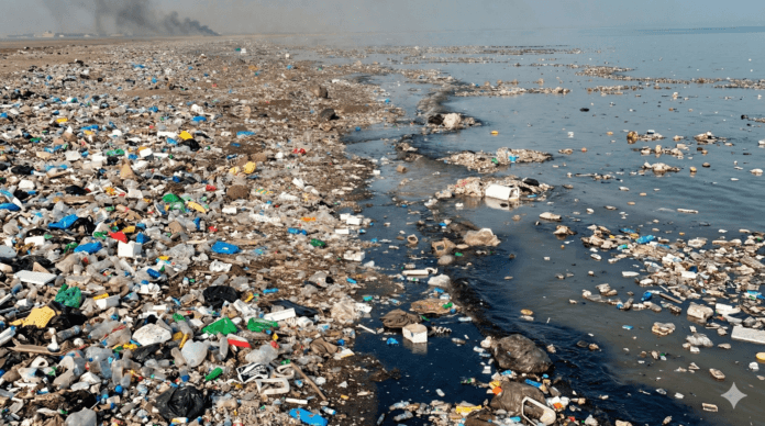 Solid waste accumulation and marine pollution along the Karachi coastline, highlighting land-based sources impacting the Arabian Sea.