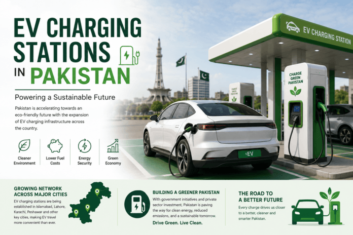 Electric vehicle charging station in Pakistan with a white EV car, Minar-e-Pakistan monument, and eco-friendly sustainability icons. EV Charging Stations