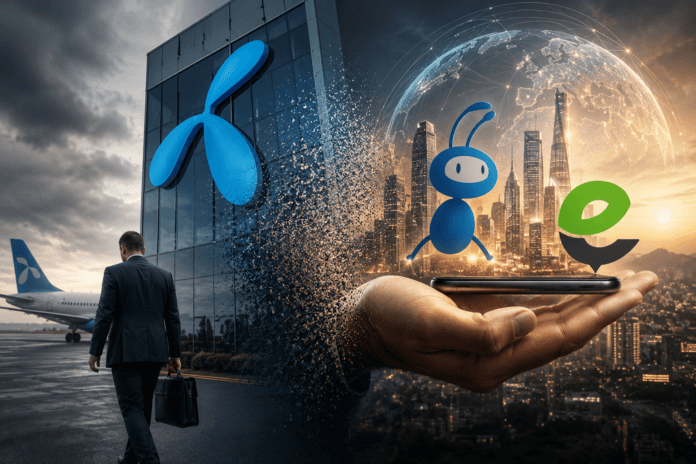 Businessman walking near an office with telecom logos, holding a smartphone projecting a digital city and global network sphere. Telenor Exits Pakistan