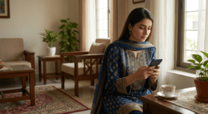 Pakistani woman using smartphone to browse the internet at home in Pakistan 2026 Pakistani woman using smartphone to browse the internet at home in Pakistan 2026
